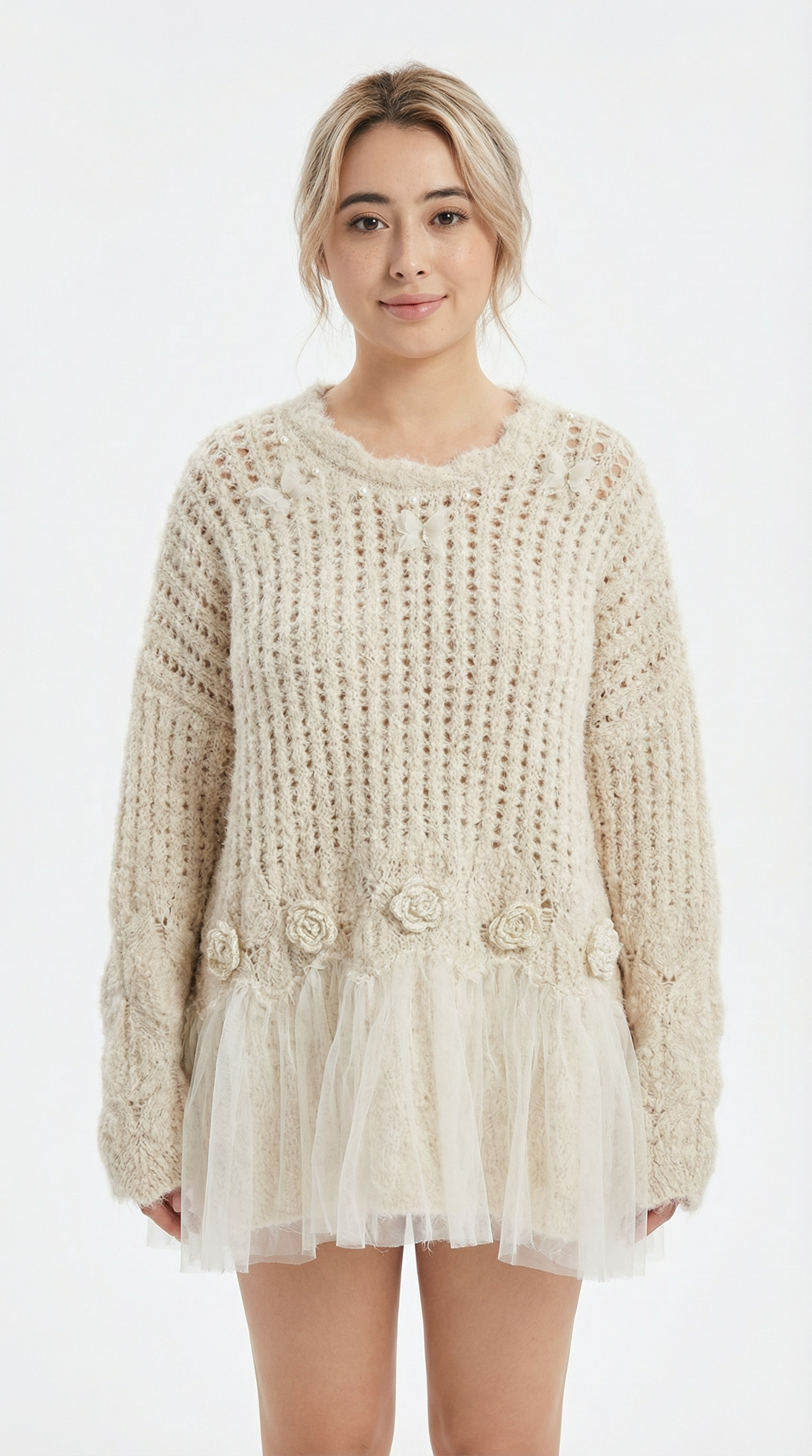 chloe surreal wearing a beige knitted sweater over a sheer white dress from Meleche or Meléche (short as (Mé)) on a white background