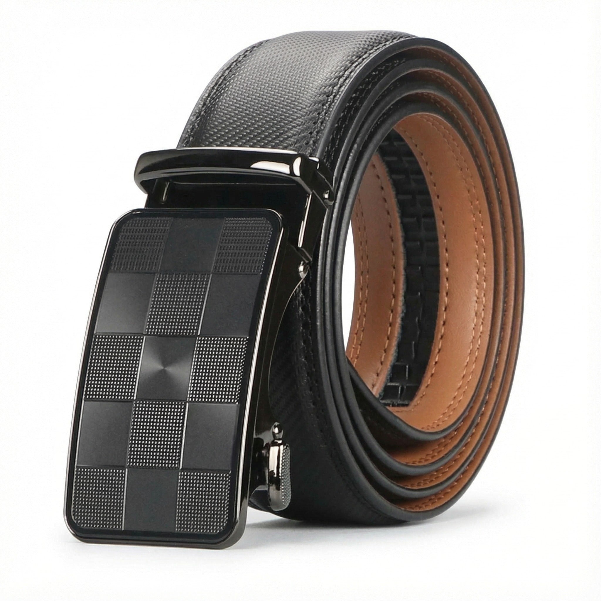 Jose Black leather belt with a checkered buckle on a white background