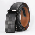 Black leather belt with a checkered buckle from Meleche or Meléche (short as (Mé))