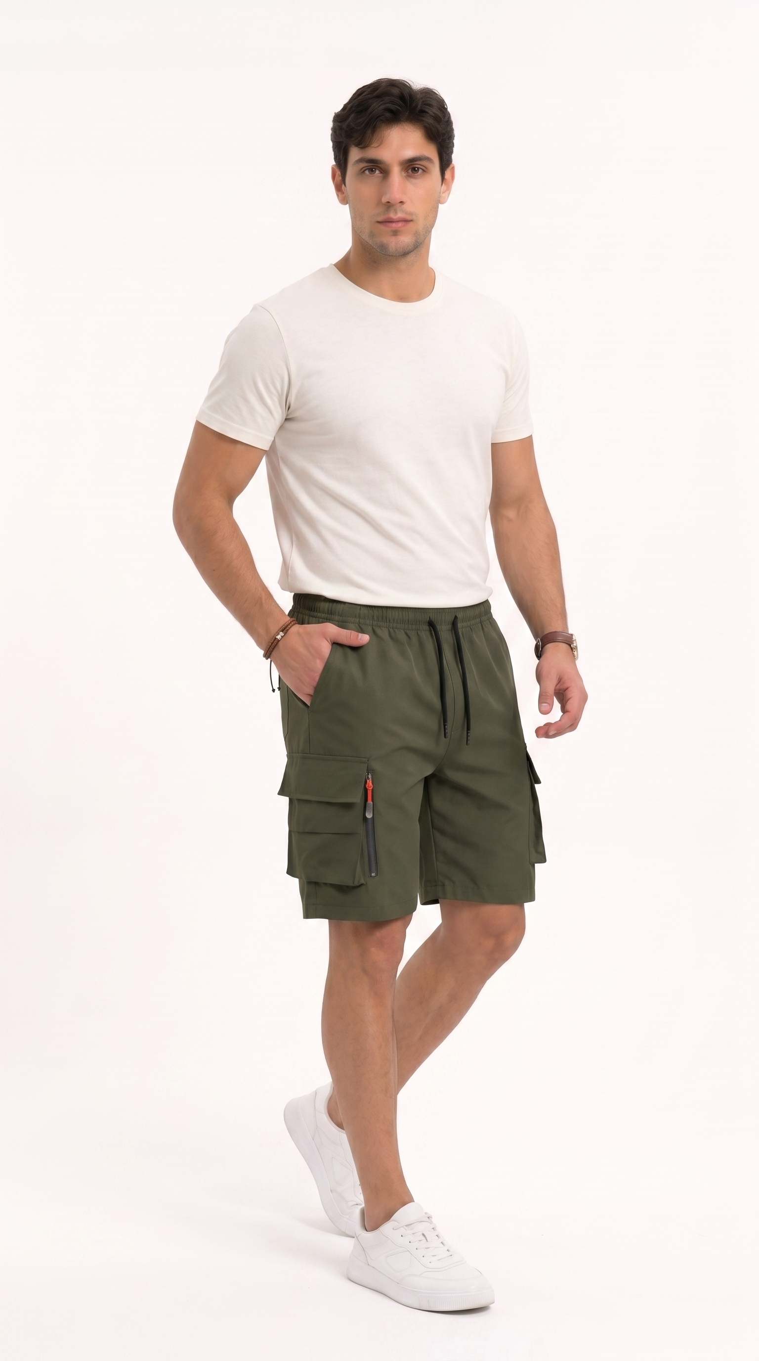 A man modeling olive green cargo shorts with a white t-shirt and white sneakers against a plain white studio background, from Meleche Fashion USA or Meléche (short as (Mé))
