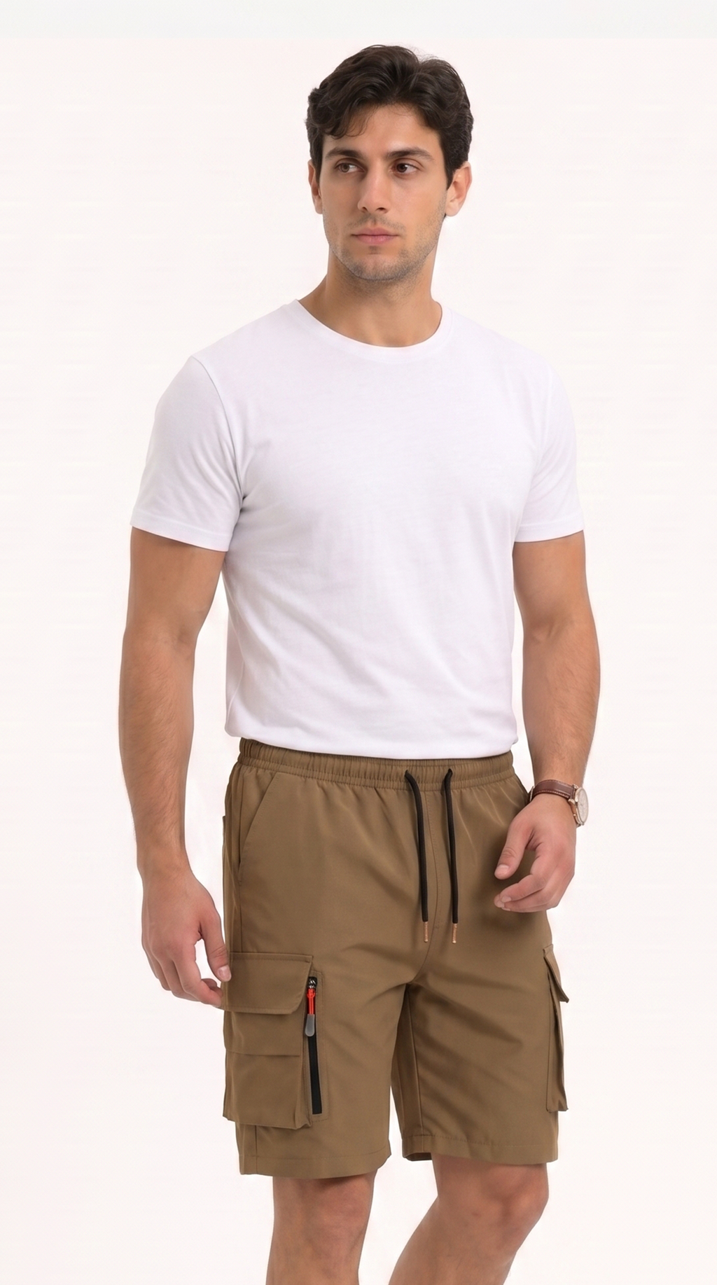 A man modeling a white crew-neck t-shirt and brown cargo shorts with a drawstring waist and side pockets, standing against a plain white studio background, from Meleche Fashion USA or Meléche (short as (Mé))