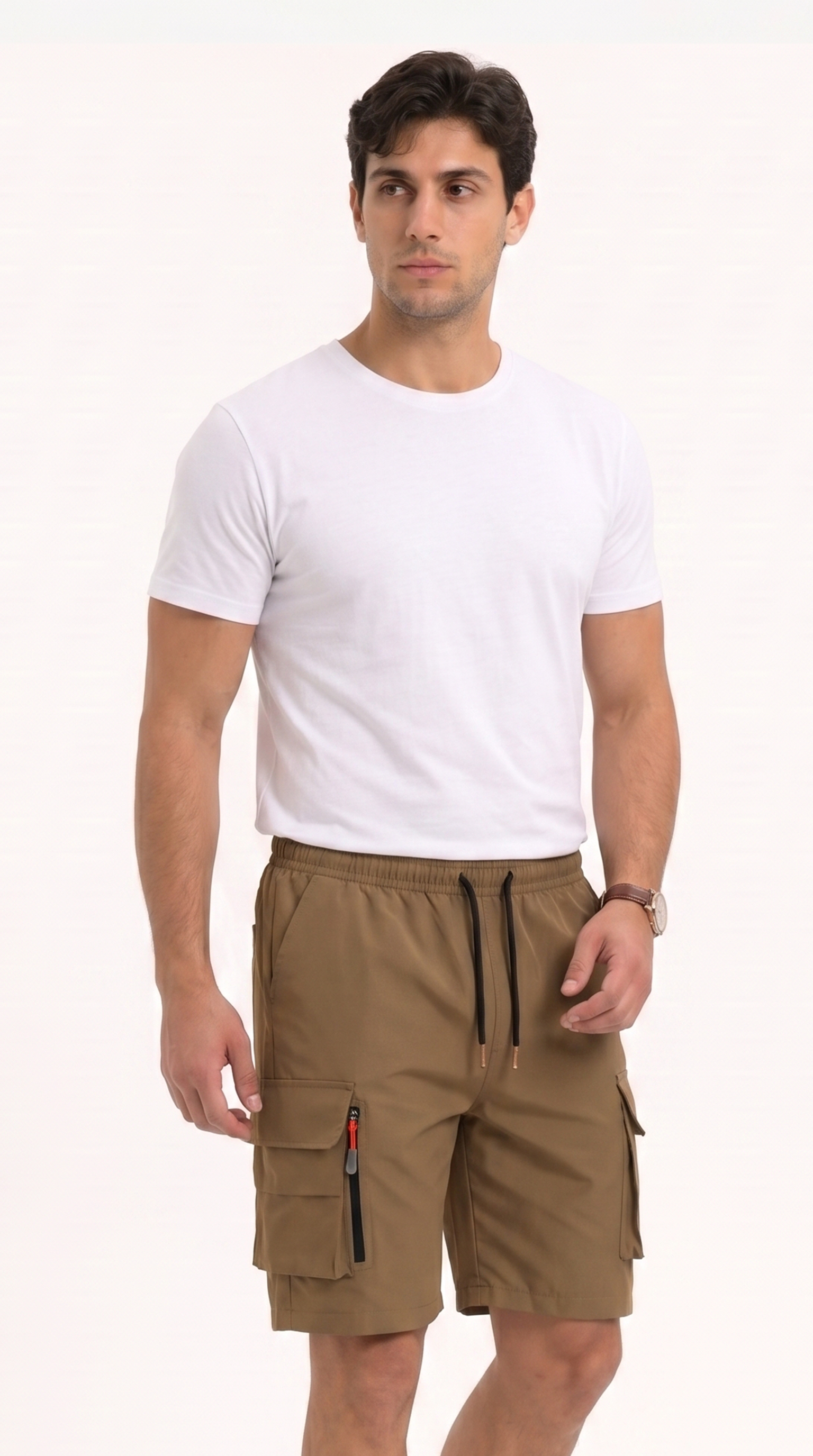 A man modeling a white crew-neck t-shirt and brown cargo shorts with a drawstring waist and side pockets, standing against a plain white studio background, from Meleche Fashion USA or Meléche (short as (Mé))