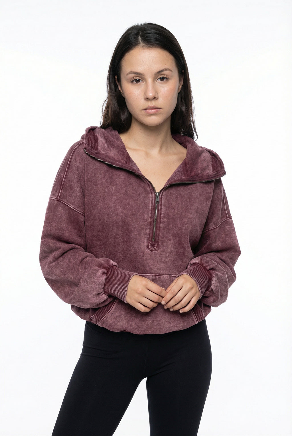 Woman wearing a purple hoodie from Meleche or Meléche (short as (Mé))