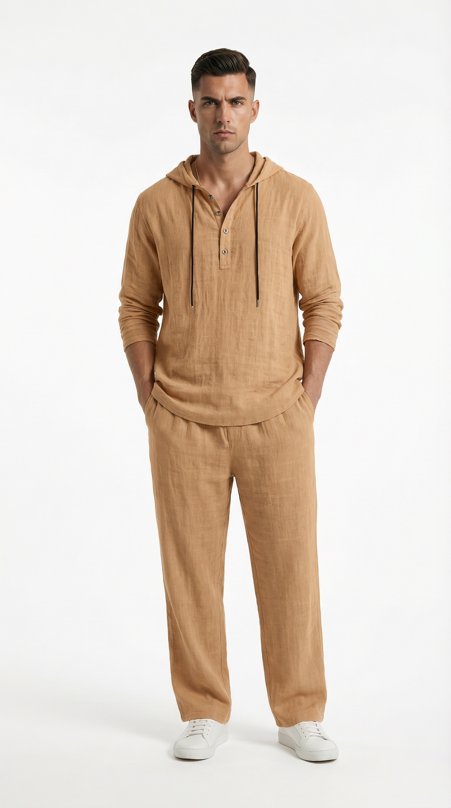 Man wearing a beige hoodie and pants from Meleche or Meléche (short as (Mé))