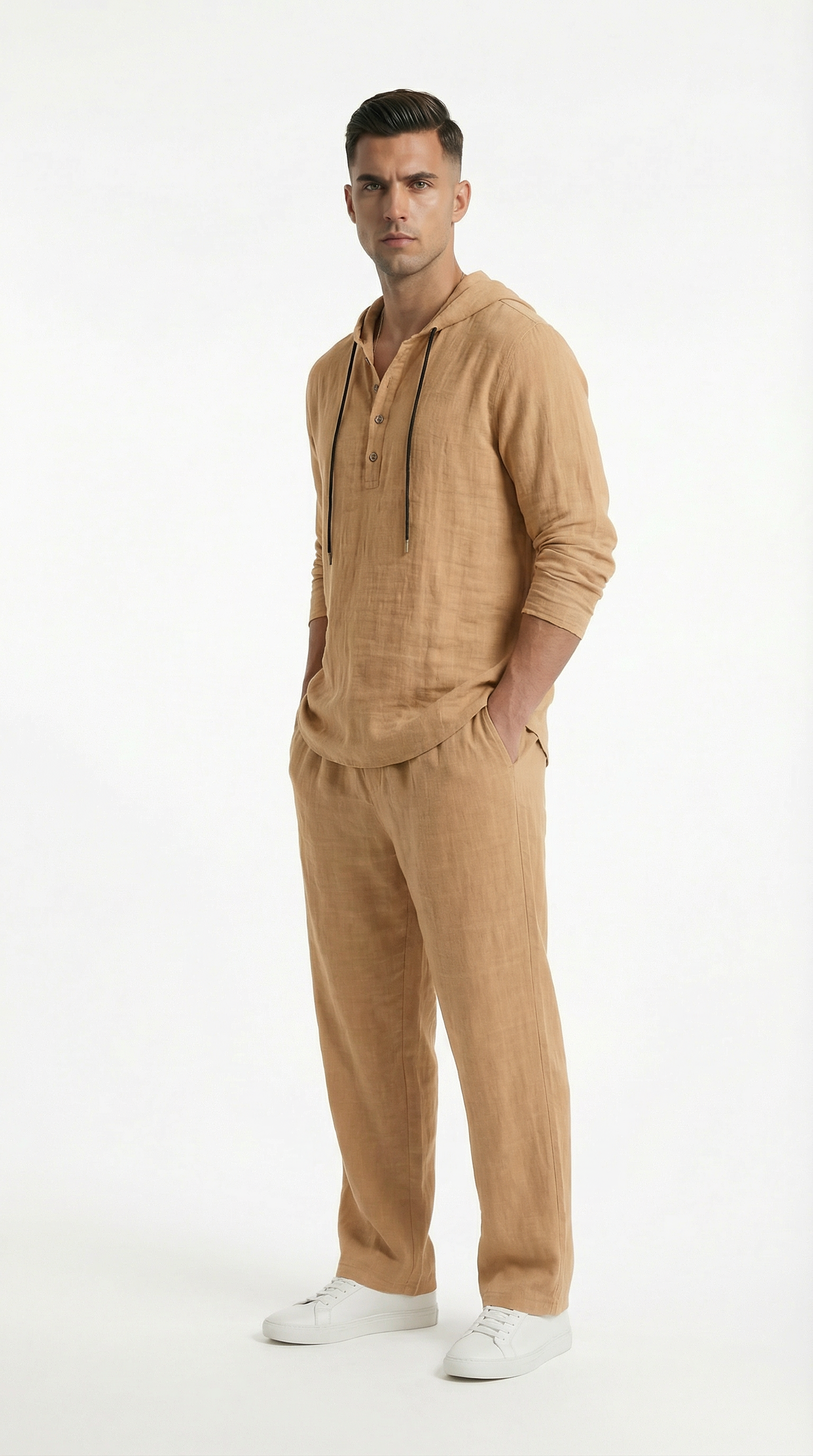 Man wearing a beige outfit from Meleche or Meléche (short as (Mé))