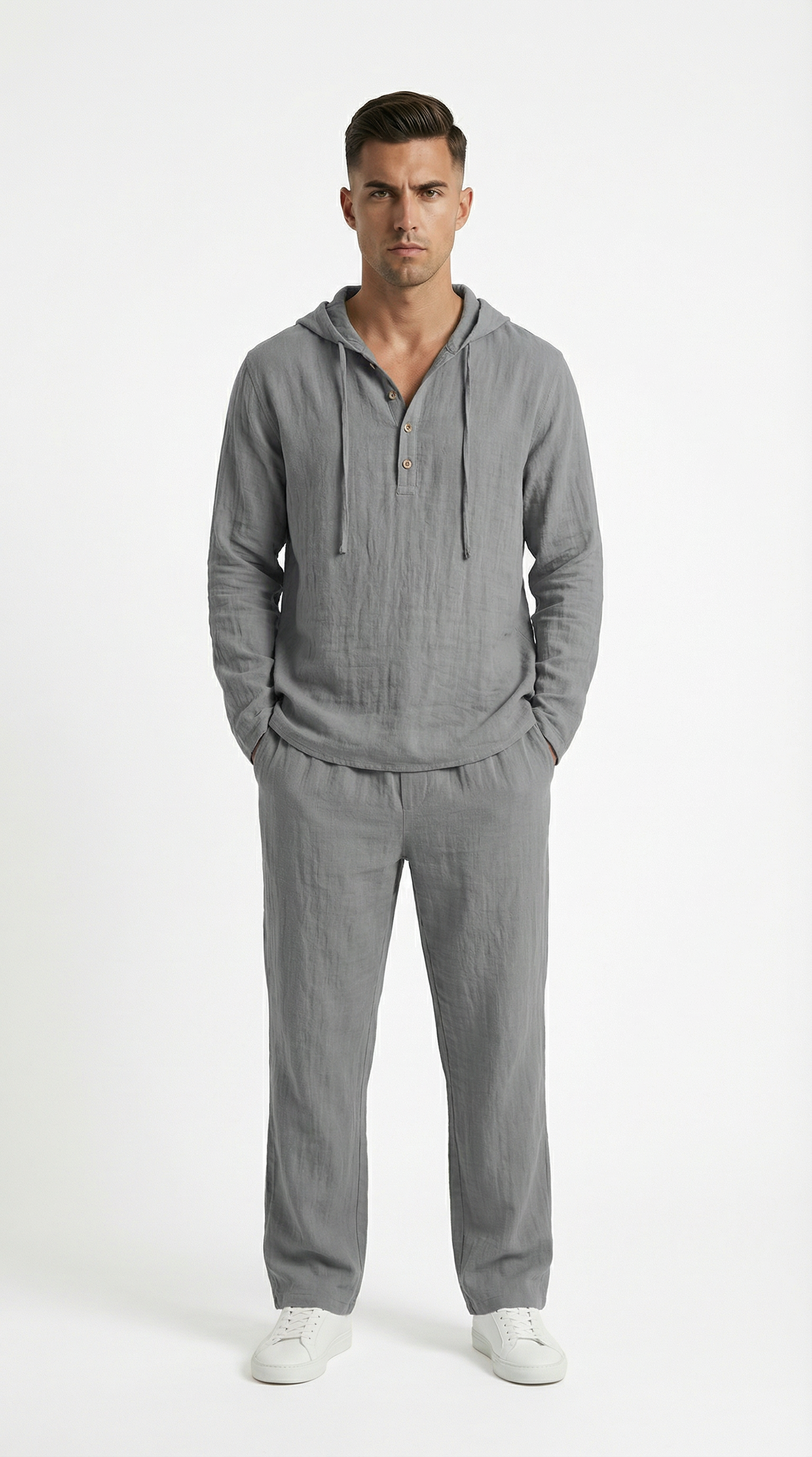 Man wearing a gray hoodie and pants from Meleche or Meléche (short as (Mé))