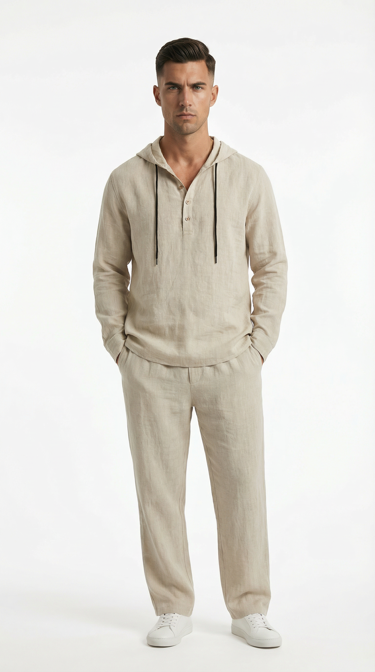 Man wearing a beige hoodie and pants from Meleche or Meléche (short as (Mé))