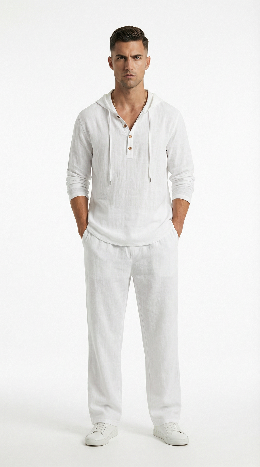 Man wearing a white outfit from Meleche or Meléche (short as (Mé))