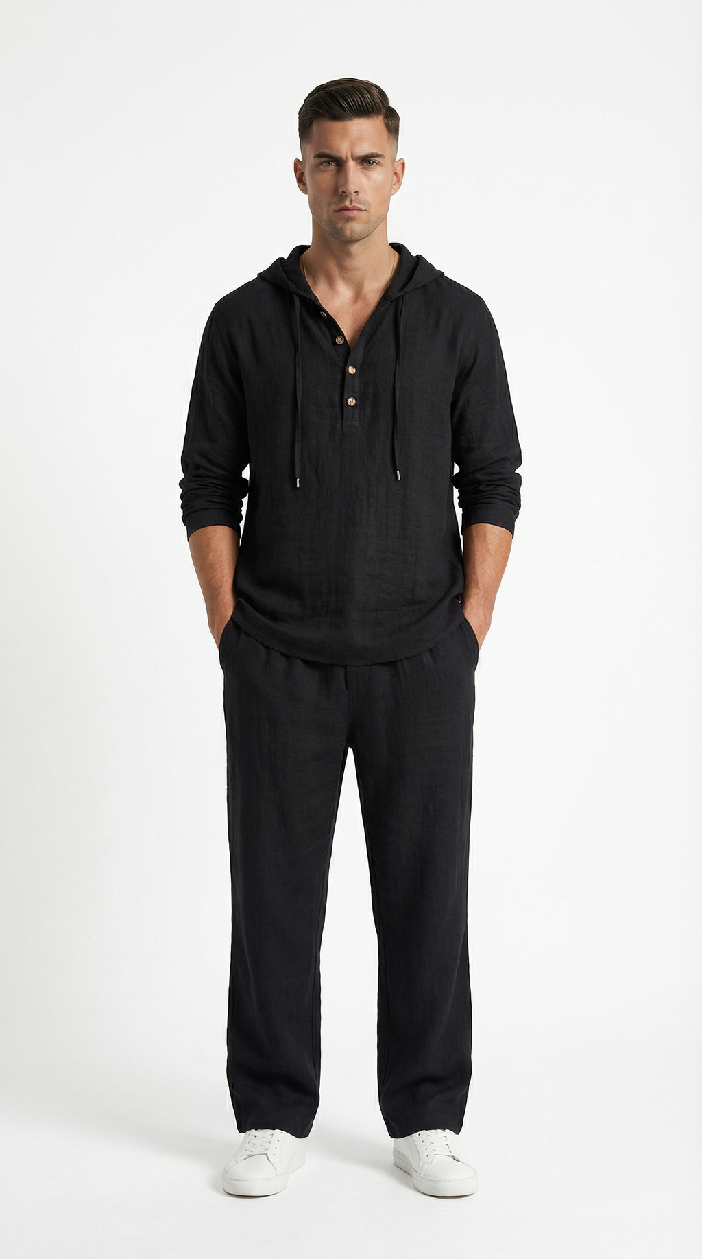 Man wearing a black hoodie and pants from Meleche or Meléche (short as (Mé))