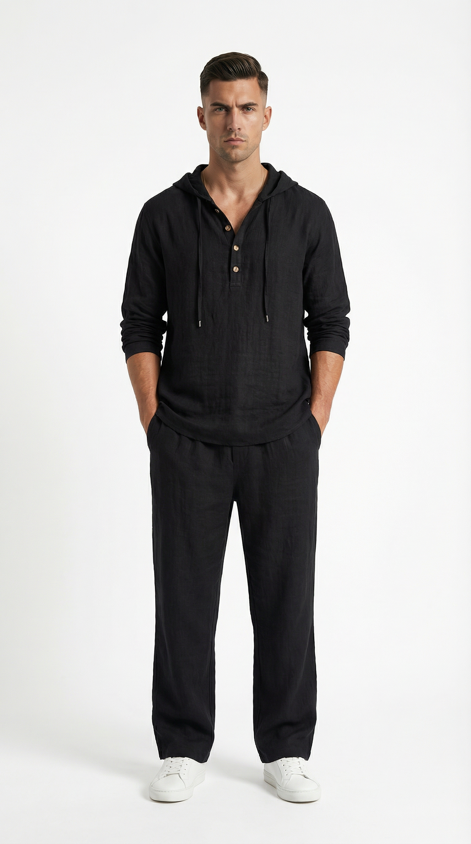 Man wearing a black hoodie and pants from Meleche or Meléche (short as (Mé))