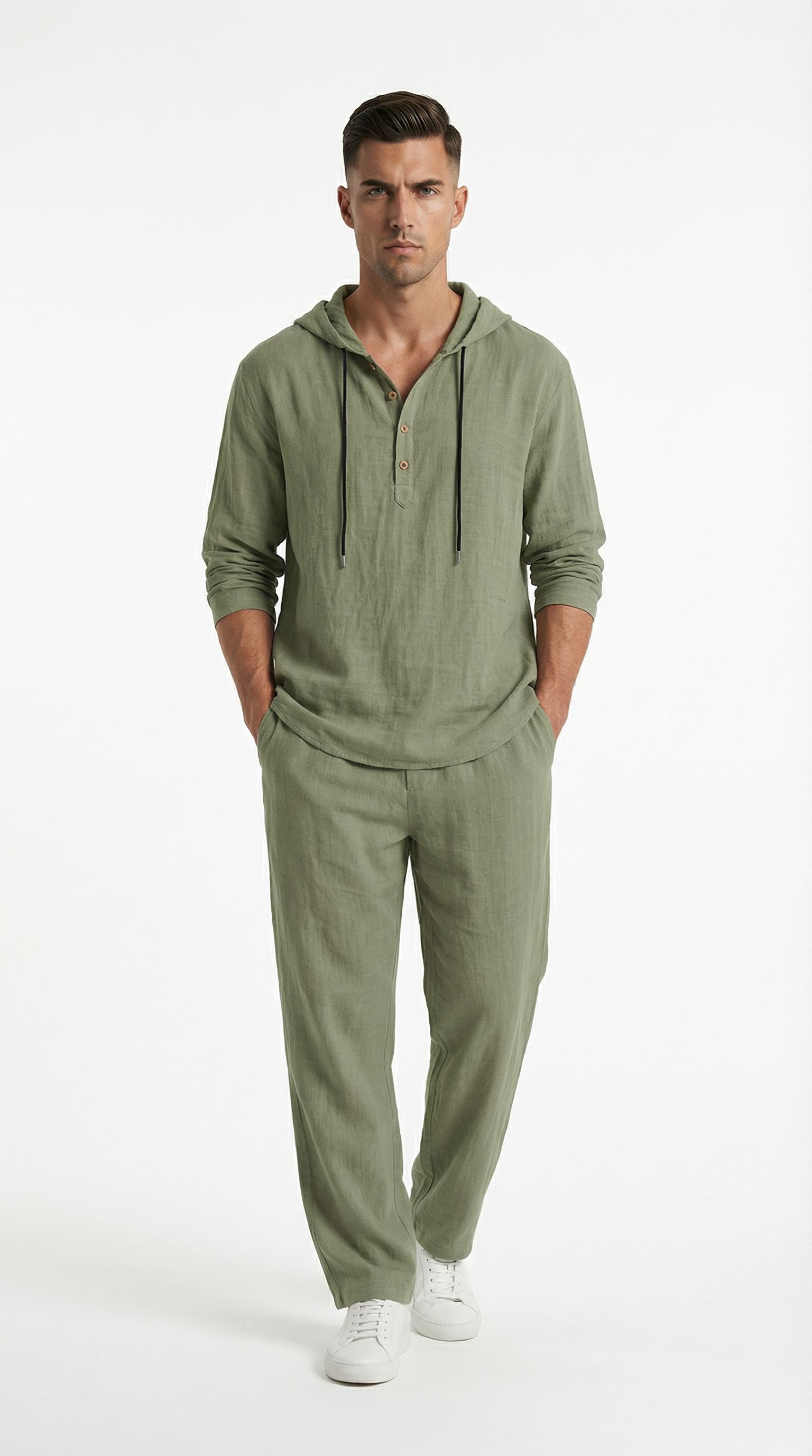 Man wearing a green hoodie and pants from Meleche or Meléche (short as (Mé))