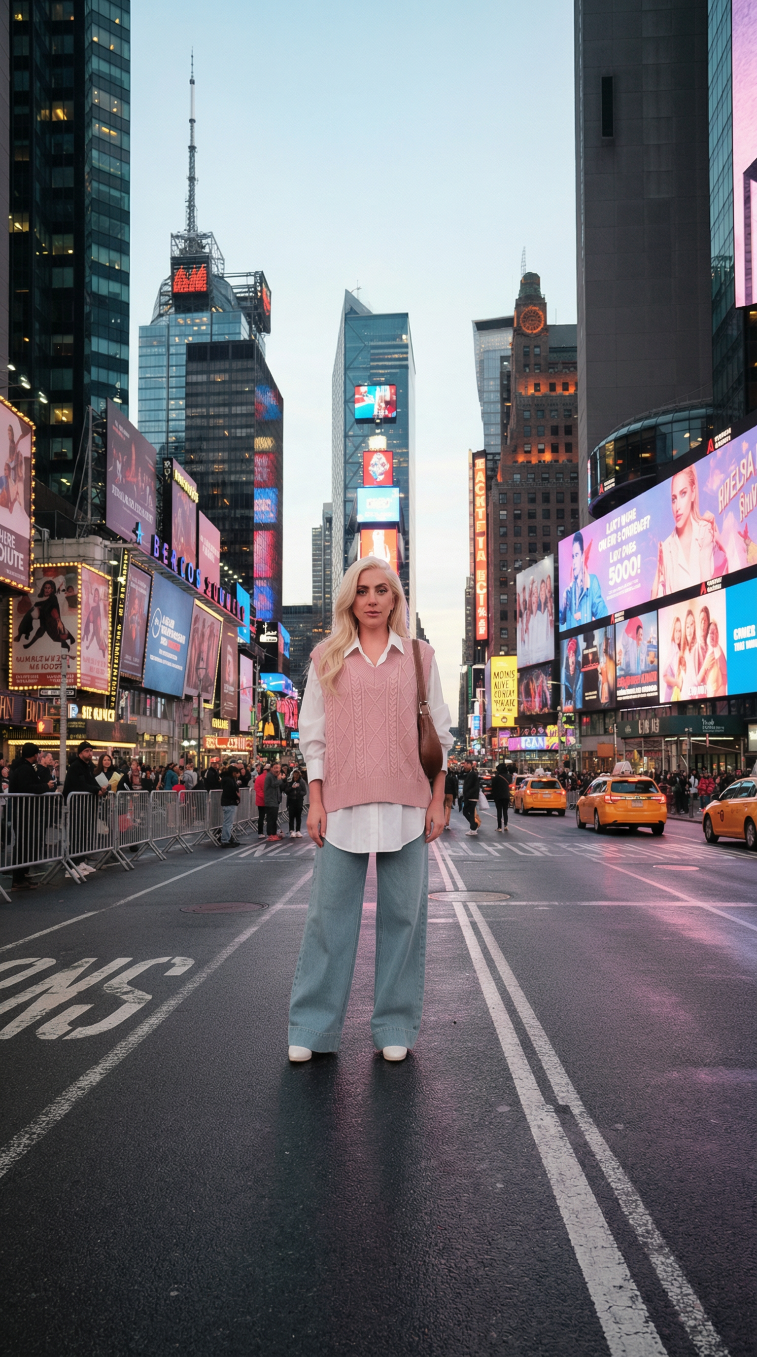 Lady Gaga (American singer) standing in a New York city street with neon billboards and taxis in the background