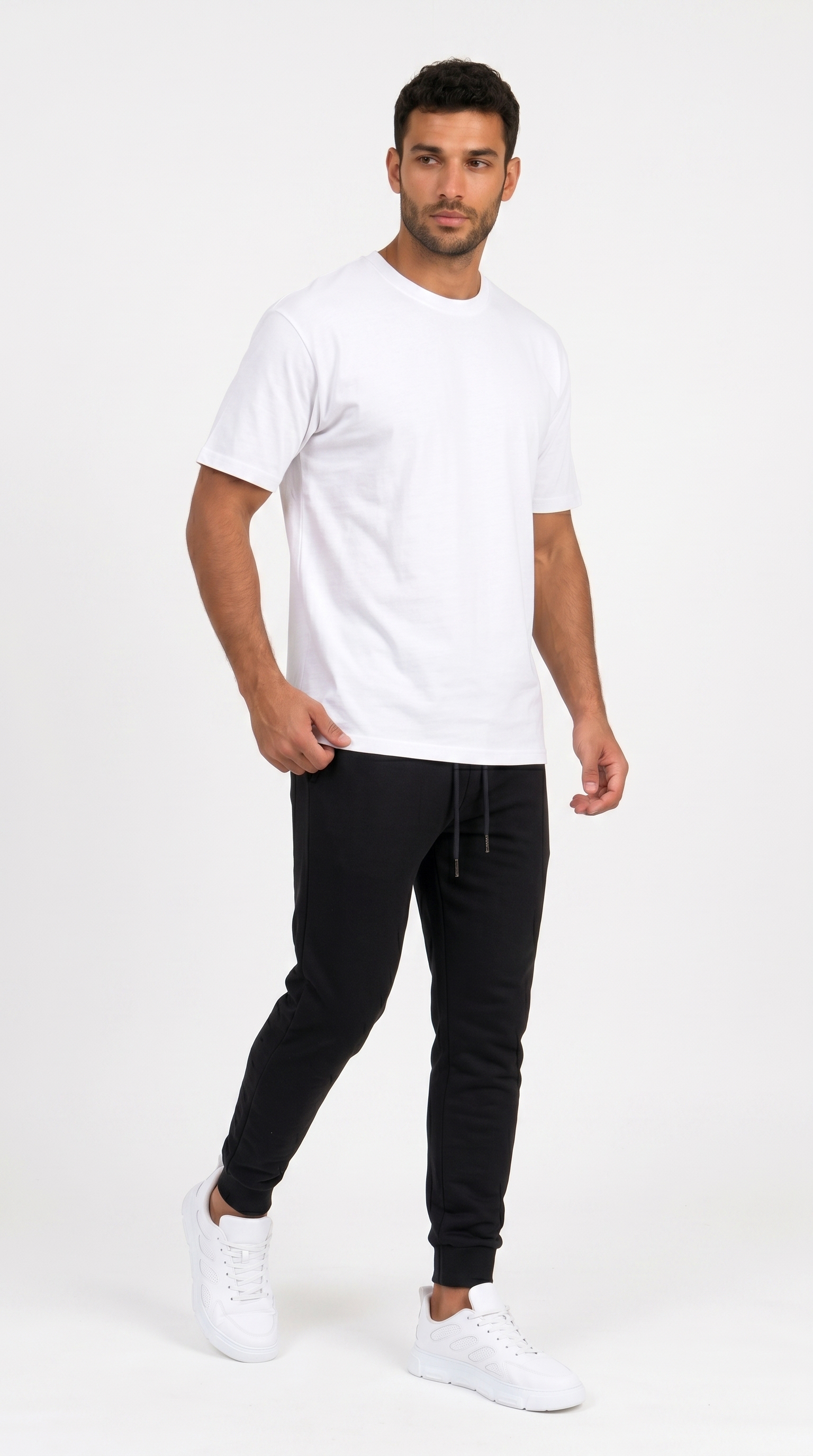 A man modeling a white crew-neck t-shirt and black jogger pants with white sneakers, standing against a plain white studio background, from Meleche Fashion USA or Meléche (short as (Mé))