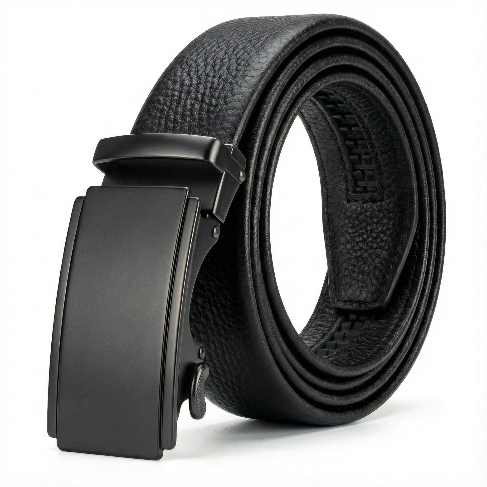 Black leather belt with a silver buckle on a dark background