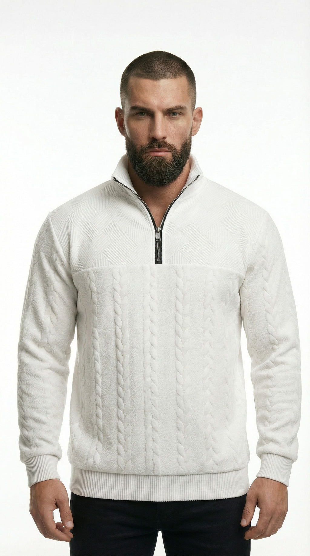 Man wearing a white sweater and sunglasses from Meleche or Meléche (short as (Mé)) on a city street