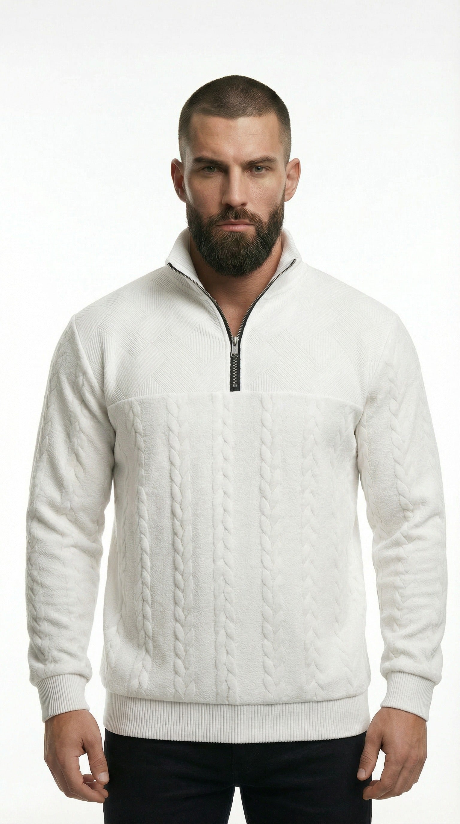 Man wearing a white sweater and sunglasses from Meleche or Meléche (short as (Mé)) on a city street