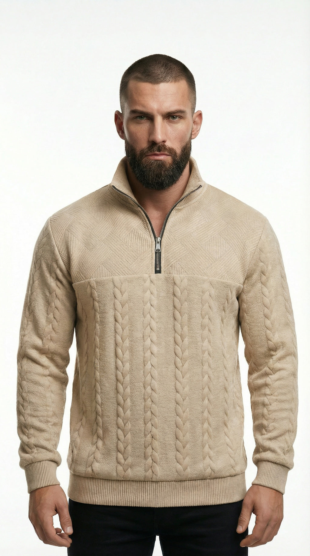 Man wearing a beige cable knit sweater and sunglasses from Meleche or Meléche (short as (Mé)) in an urban setting