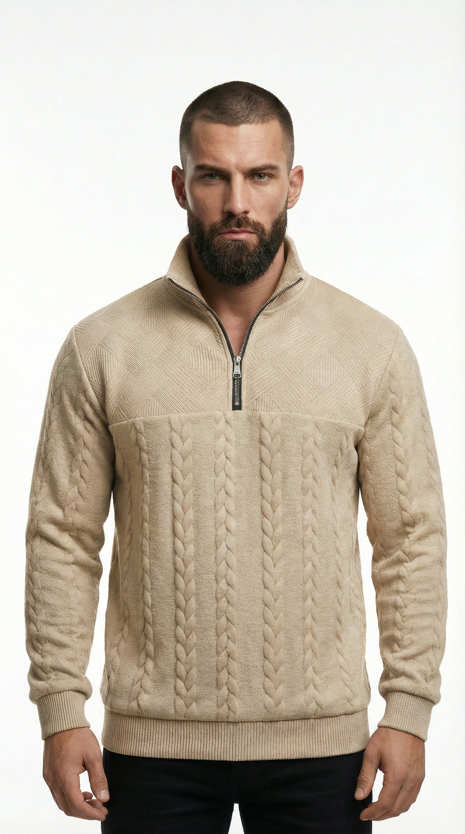 Man wearing a beige cable knit sweater and sunglasses from Meleche or Meléche (short as (Mé)) in an urban setting