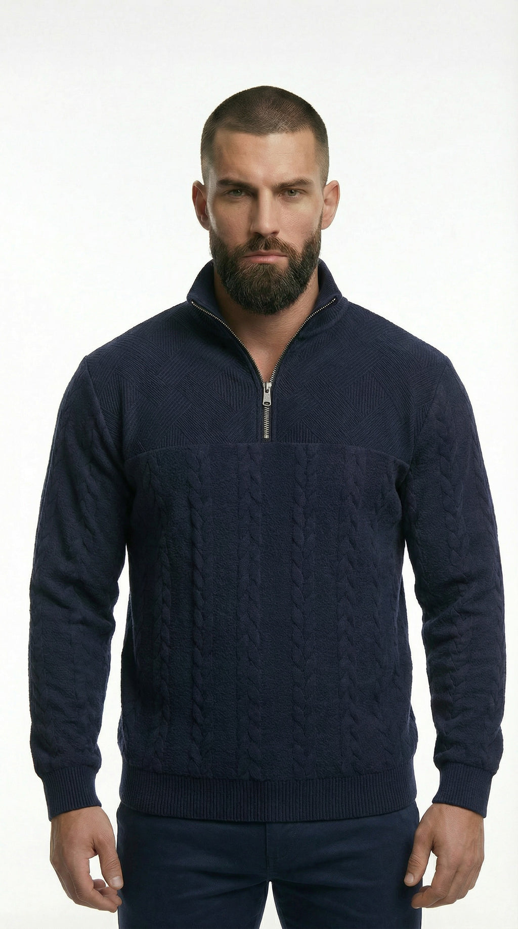 Paul George wearing a navy blue sweater from Meleche or Meléche (short as (Mé)) with a cityscape background