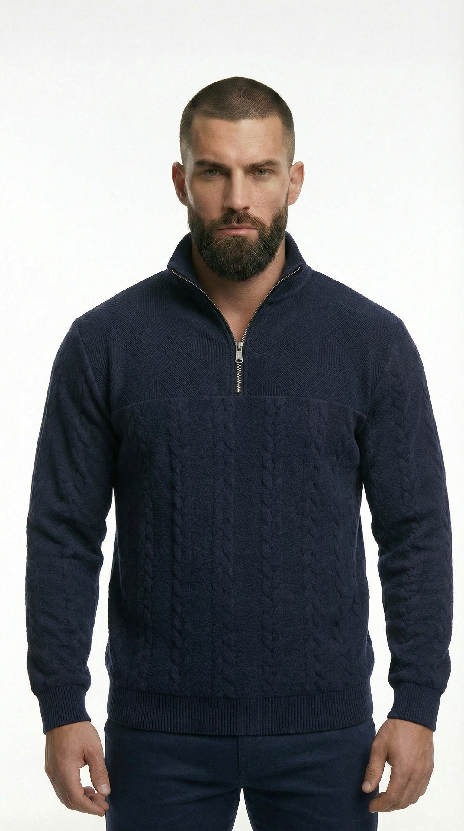 Paul George wearing a navy blue sweater from Meleche or Meléche (short as (Mé)) with a cityscape background