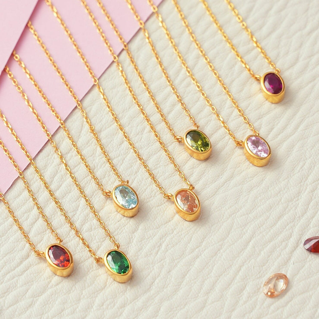 MELÉCHE Birthstones Gold Necklace - Meléche - Necklaces -  MELÉCHE Birthstones Gold Necklace - Oval Retro Design, Zircon Stones