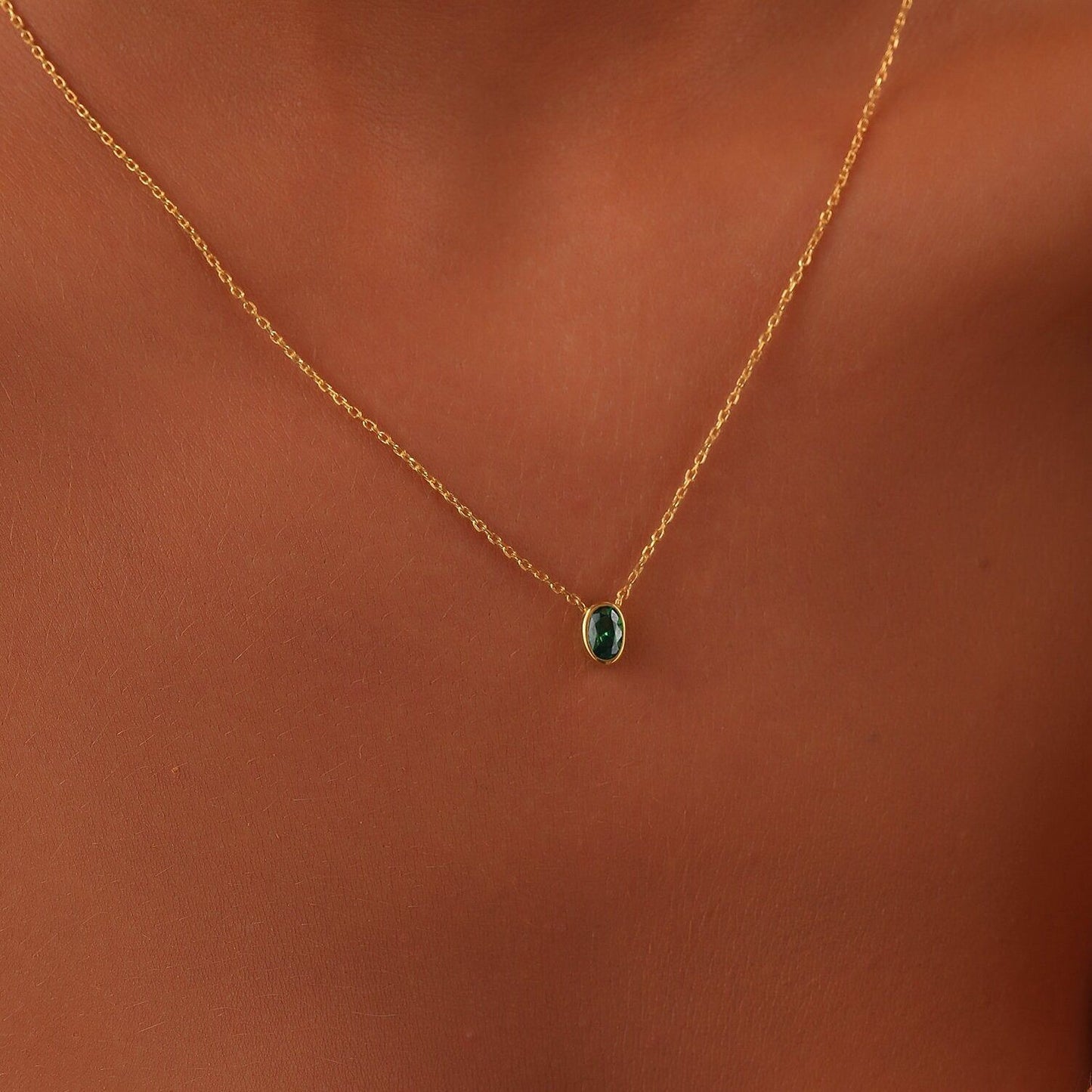 MELÉCHE Birthstones Gold Necklace - Meléche - Necklaces -  MELÉCHE Birthstones Gold Necklace - Oval Retro Design, Zircon Stones Meléche