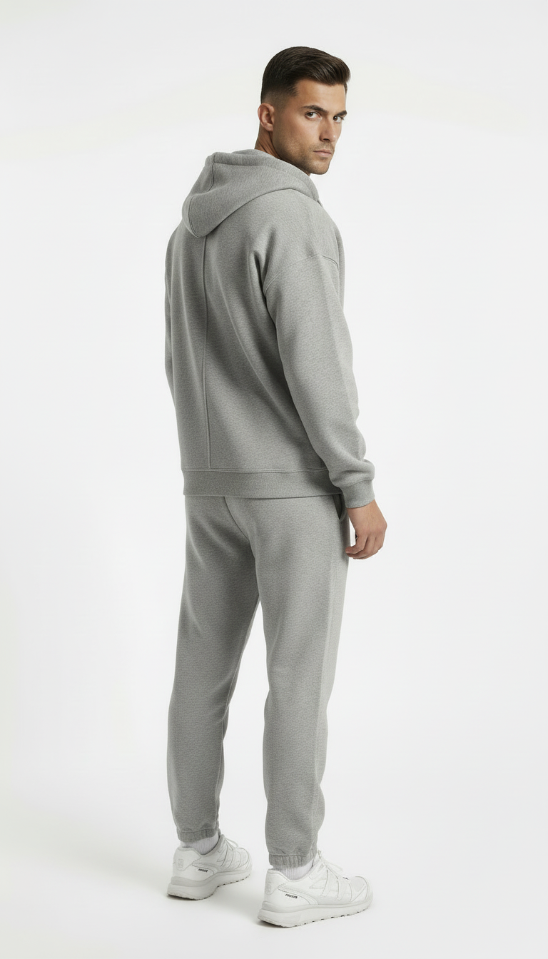 Man wearing a gray tracksuit on a white background