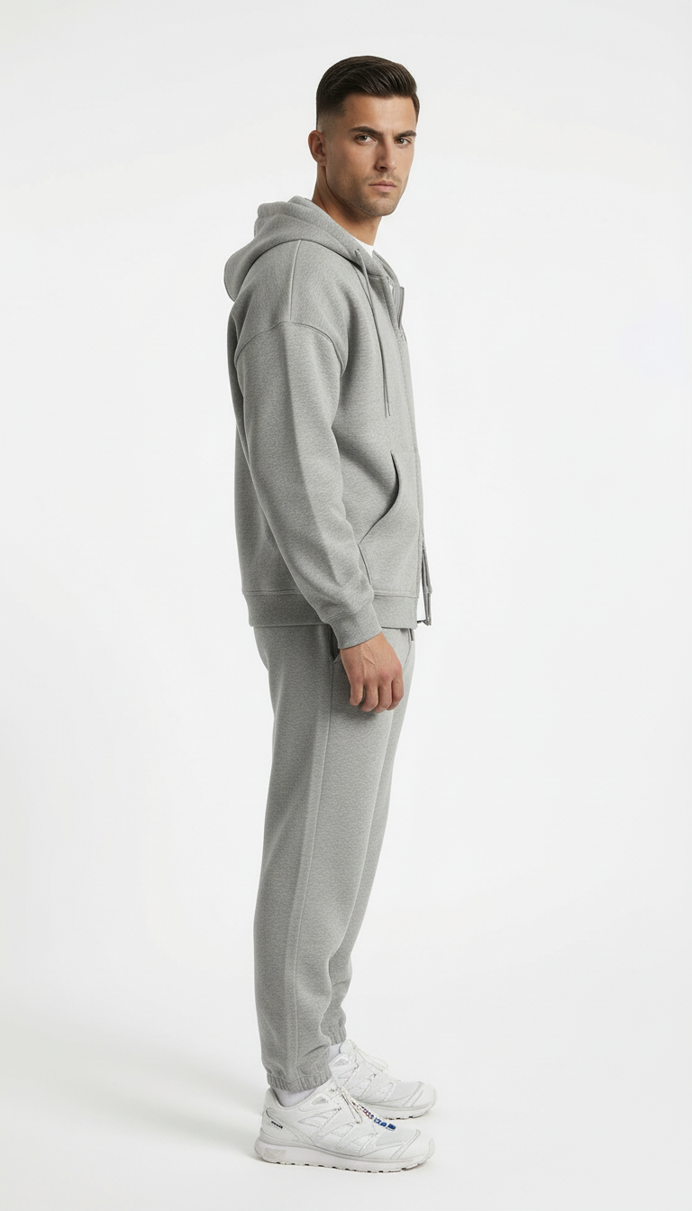 Man wearing a gray tracksuit on a white background
