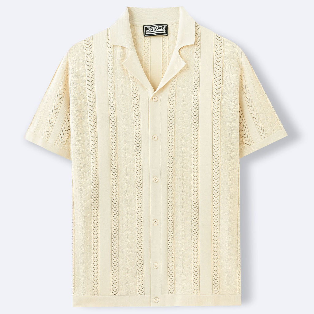 Beige short-sleeve shirt with cable knit pattern on a light gray background