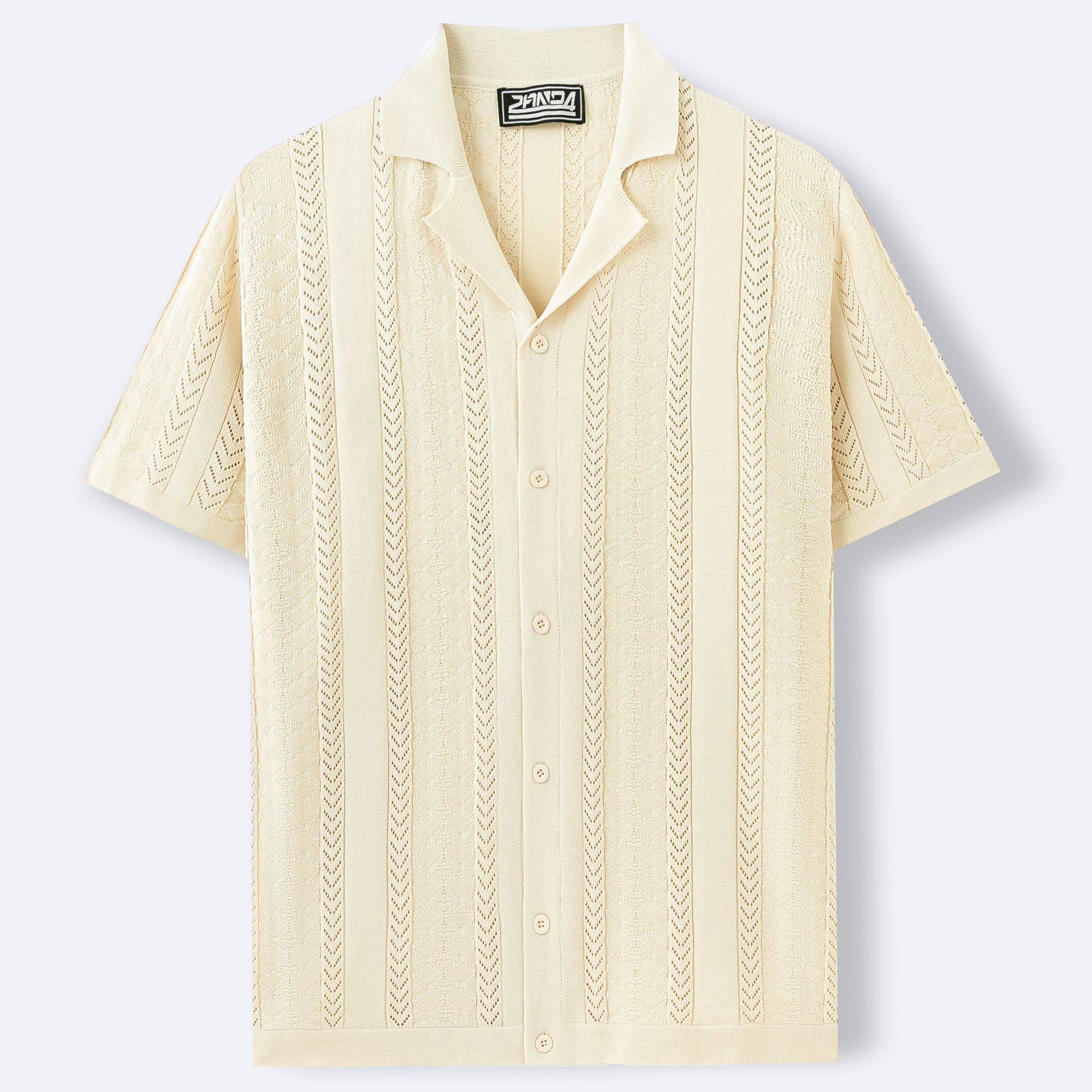Beige short-sleeve shirt with cable knit pattern on a light gray background