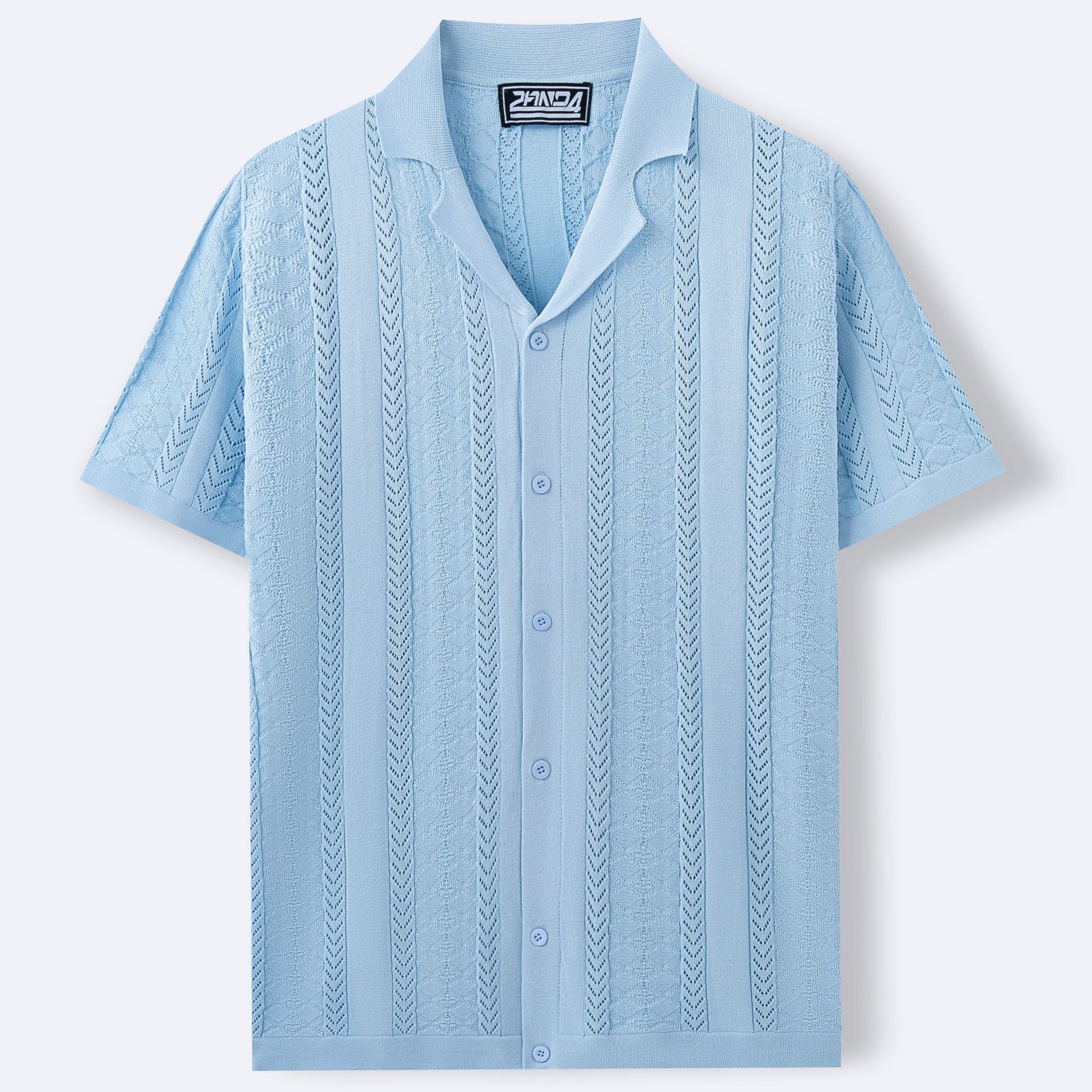 Light blue short-sleeve shirt with a textured pattern on a white background