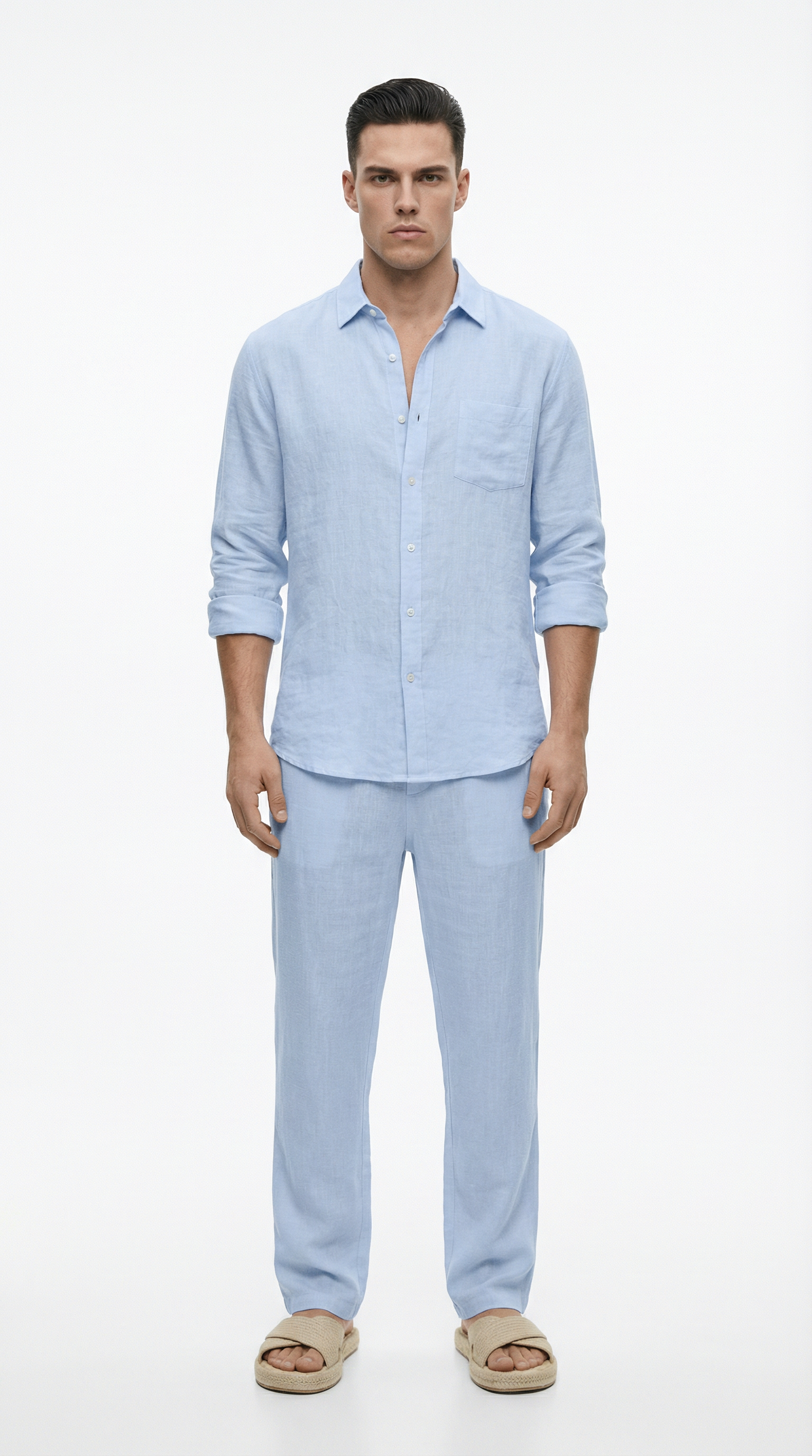 Man wearing a light blue shirt and pants from Meleche or Meléche (short as (Mé))
