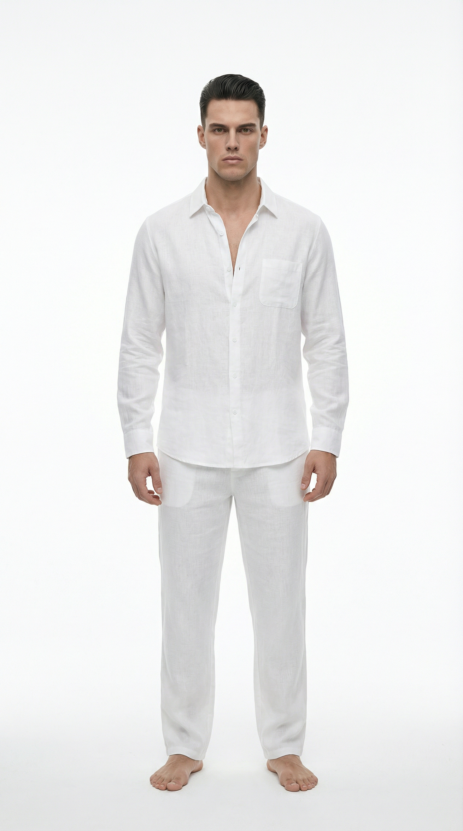 Man wearing a white linen shirt and pants on a white background