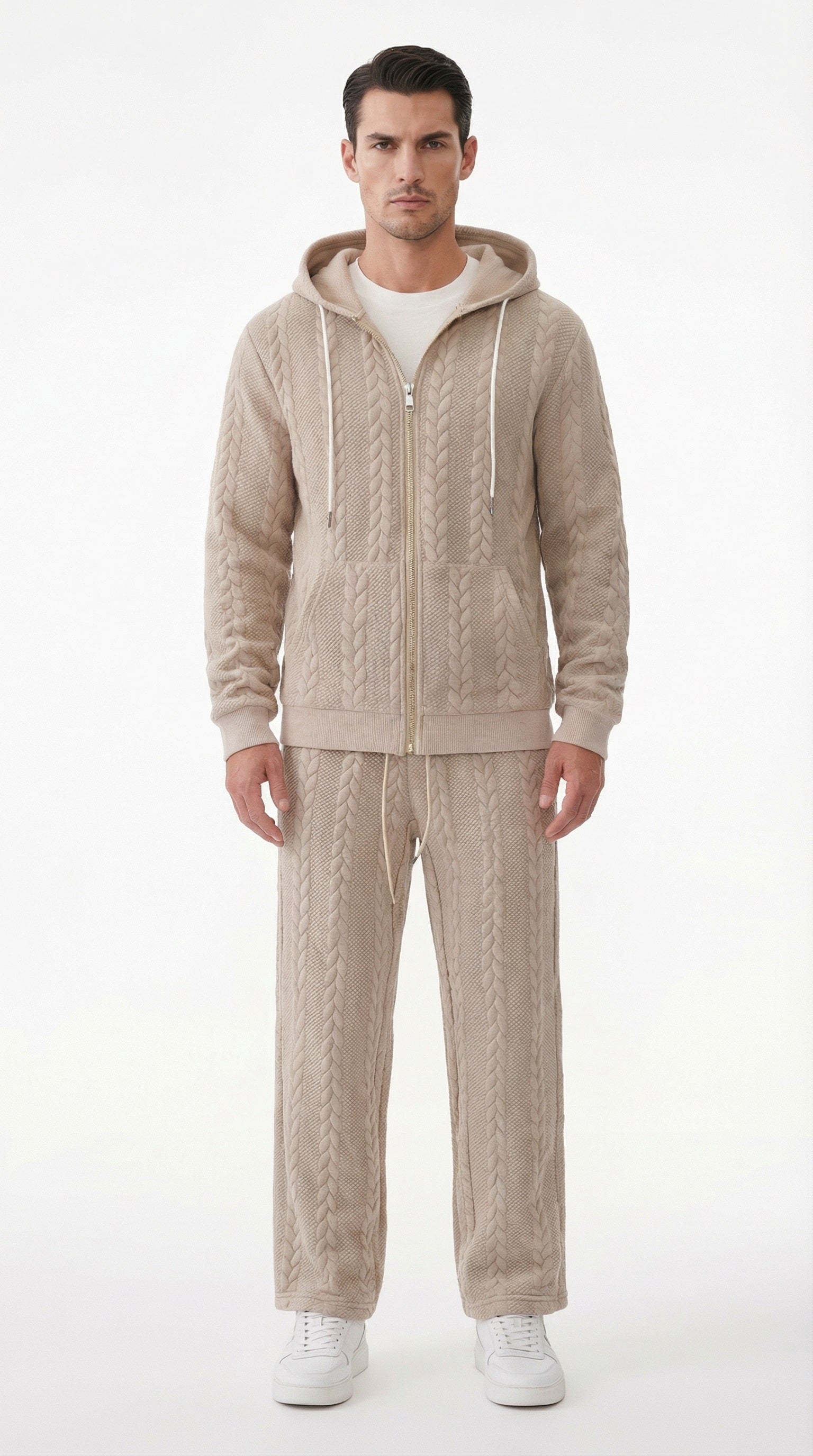 Beige tracksuit with matching hoodie and pants on a white background, with additional color options displayed.