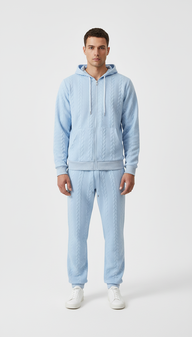 Man wearing a light blue tracksuit on a white background
