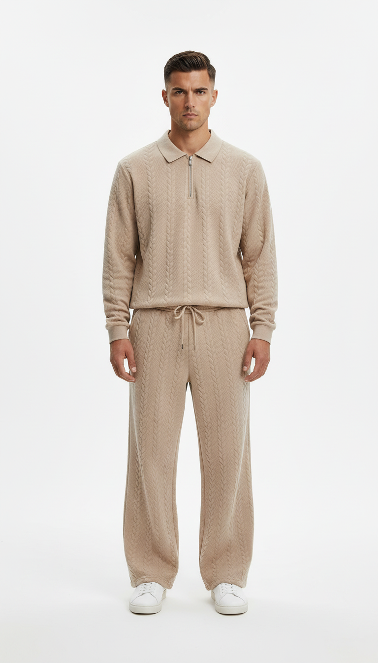 Man wearing a beige knit sweater and pants on a white background