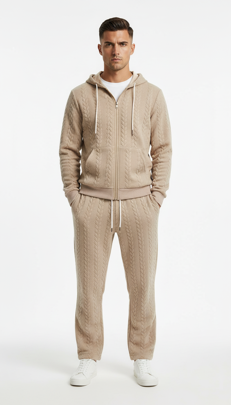 Man wearing a beige tracksuit on a white background