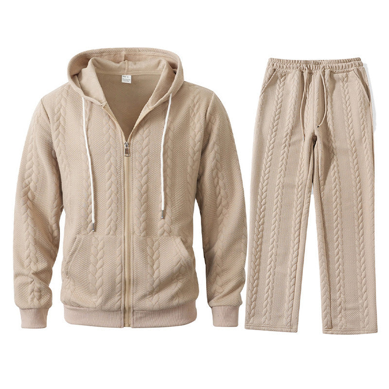 Beige cable-knit hoodie and pants set on a white background