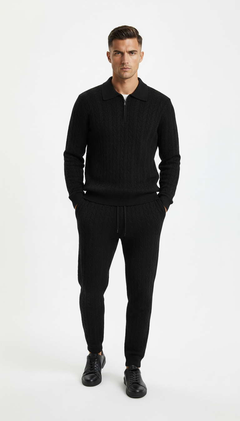 Man wearing a black outfit on a white background