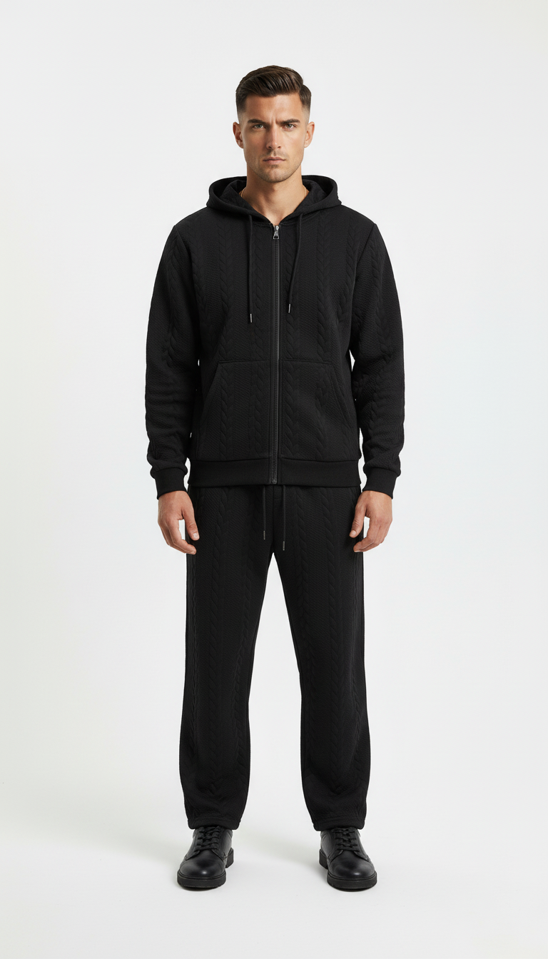 Man wearing a black hoodie and pants on a white background