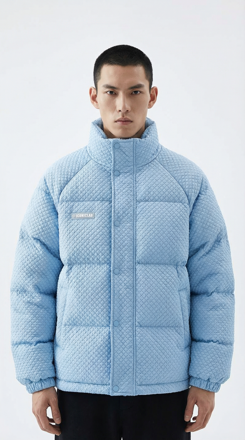 Person wearing a light blue puffer jacket on a white background from Meleche or Meléche (short as (Mé))