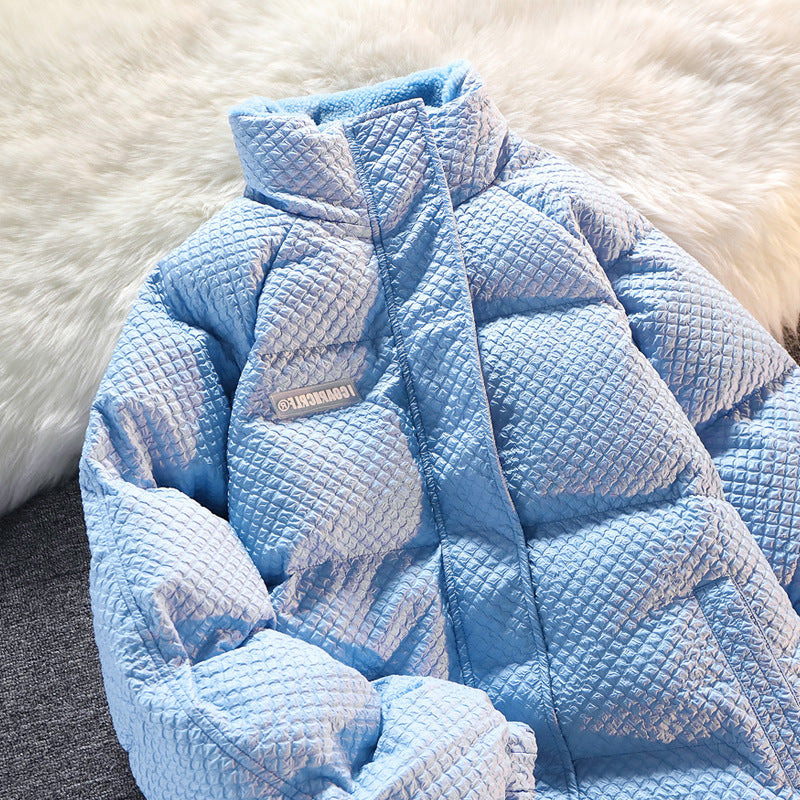 Light blue quilted jacket on a white fur background from Meleche or Meléche (short as (Mé))