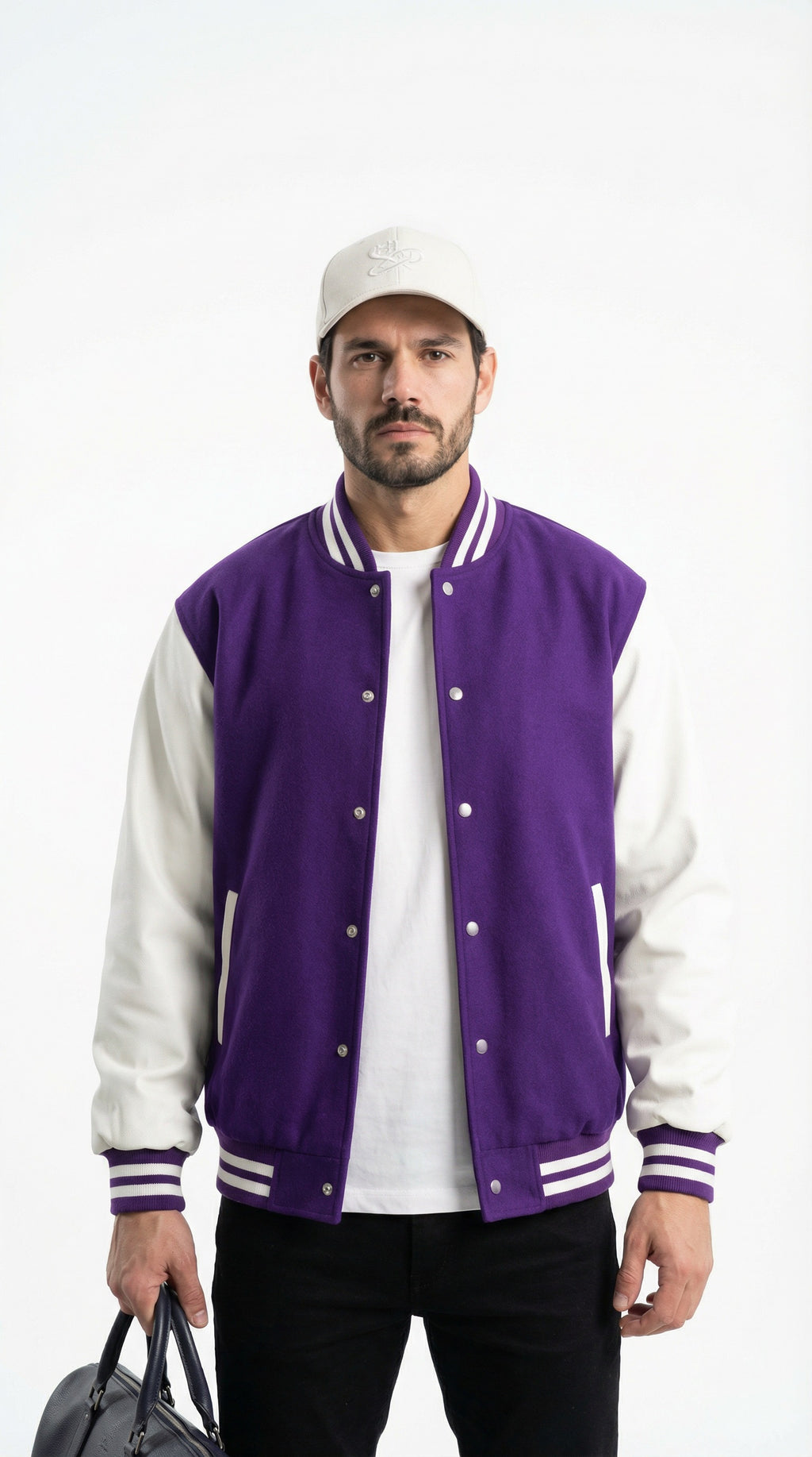 Man wearing a purple and white varsity jacket holding a black jacket against a gray wall.