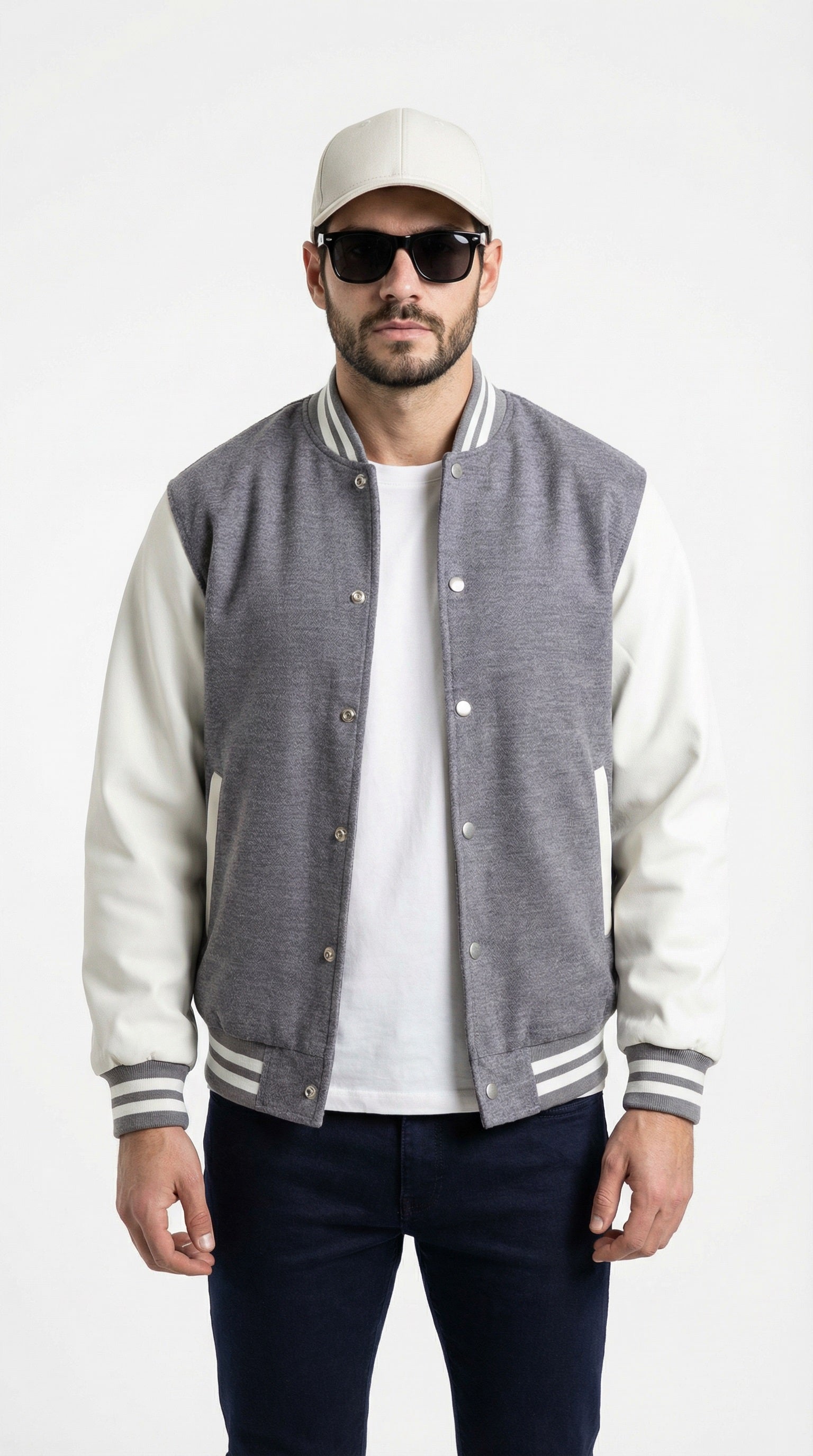 Man wearing a varsity jacket, white shirt, and dark pants walking outdoors.