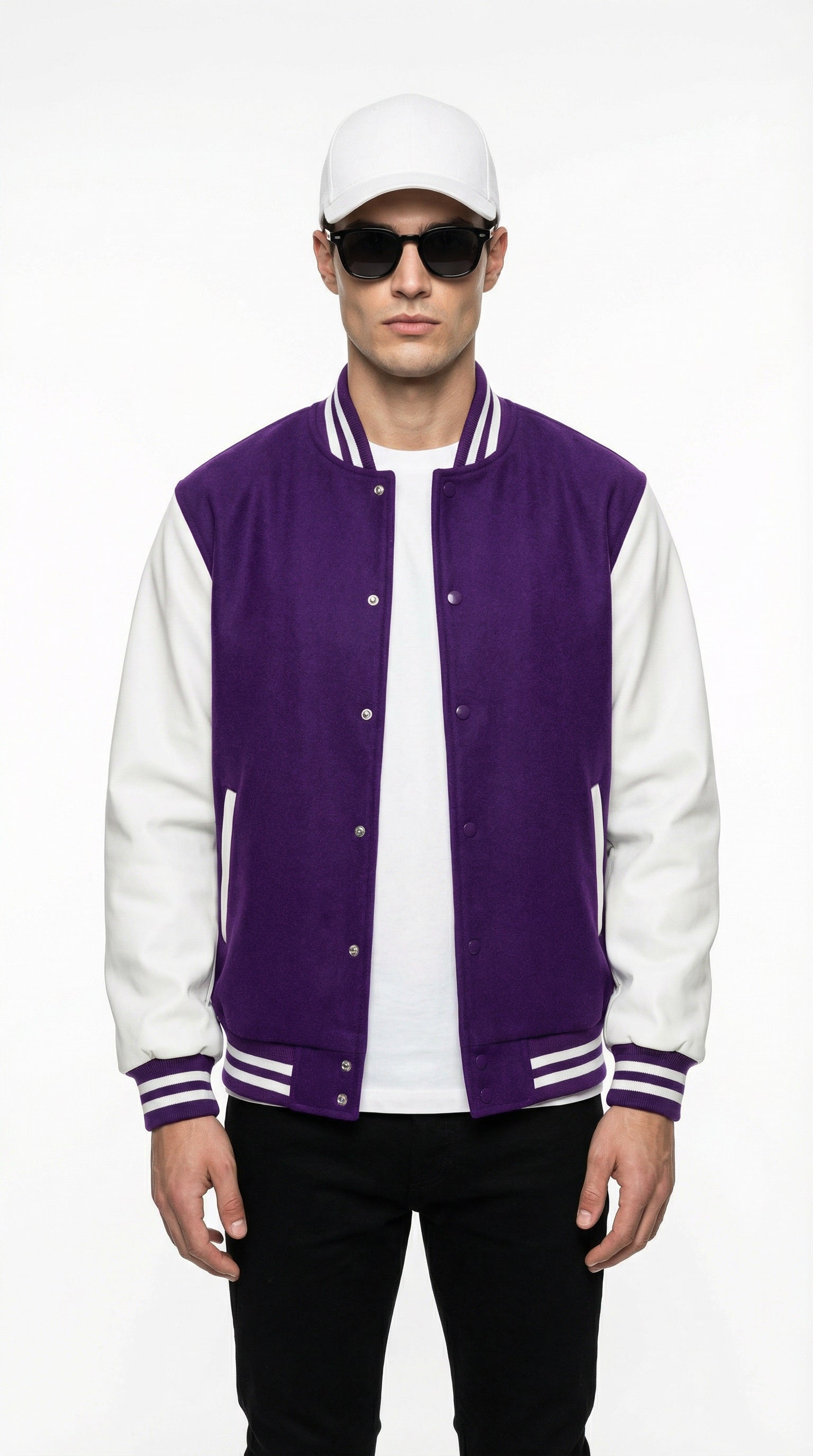 Man wearing a purple and white varsity jacket holding a black jacket against a gray wall.