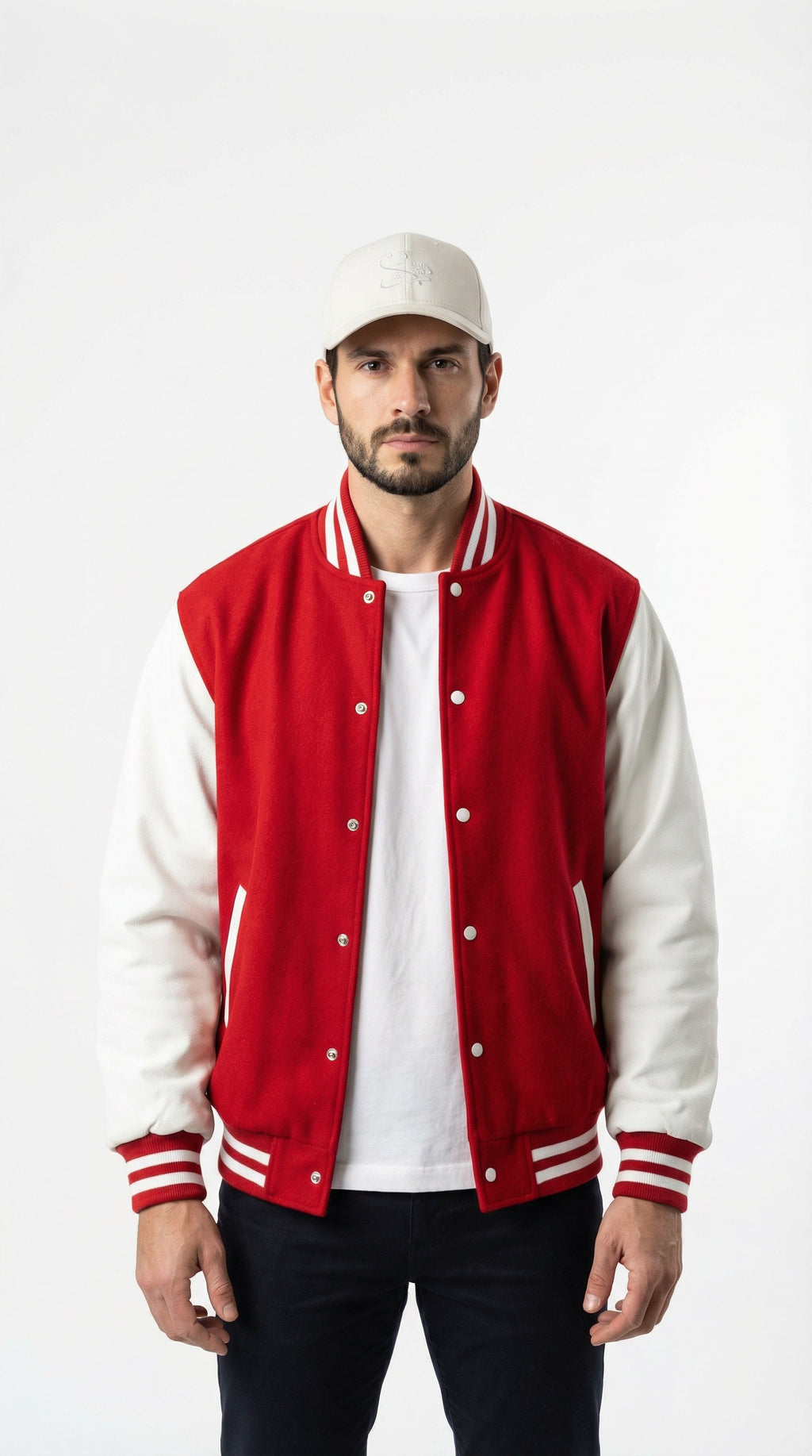 Man wearing a red and white varsity jacket with black pants and a white cap, standing against a gray wall.