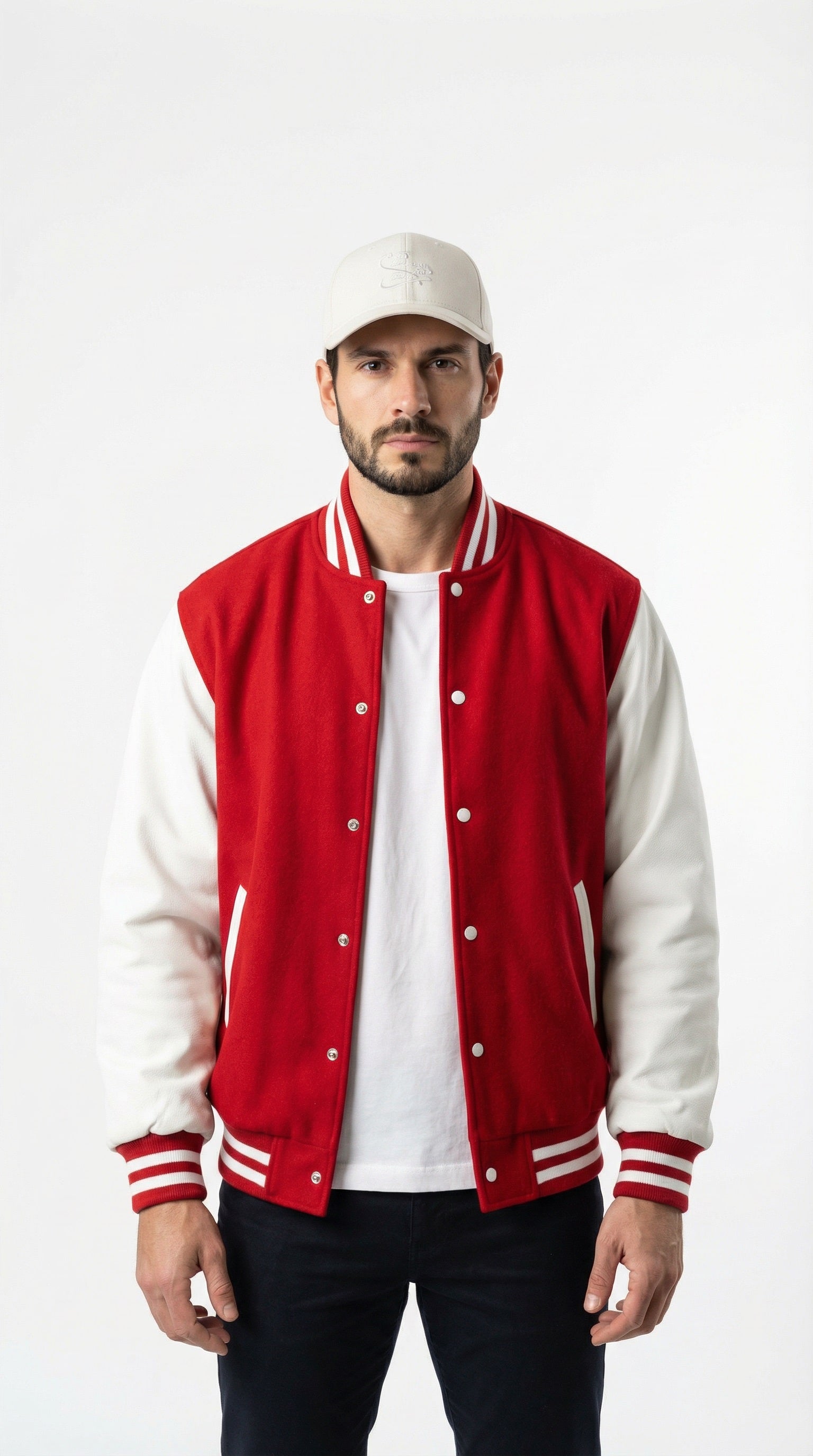 Man wearing a red and white varsity jacket with black pants and a white cap, standing against a gray wall.