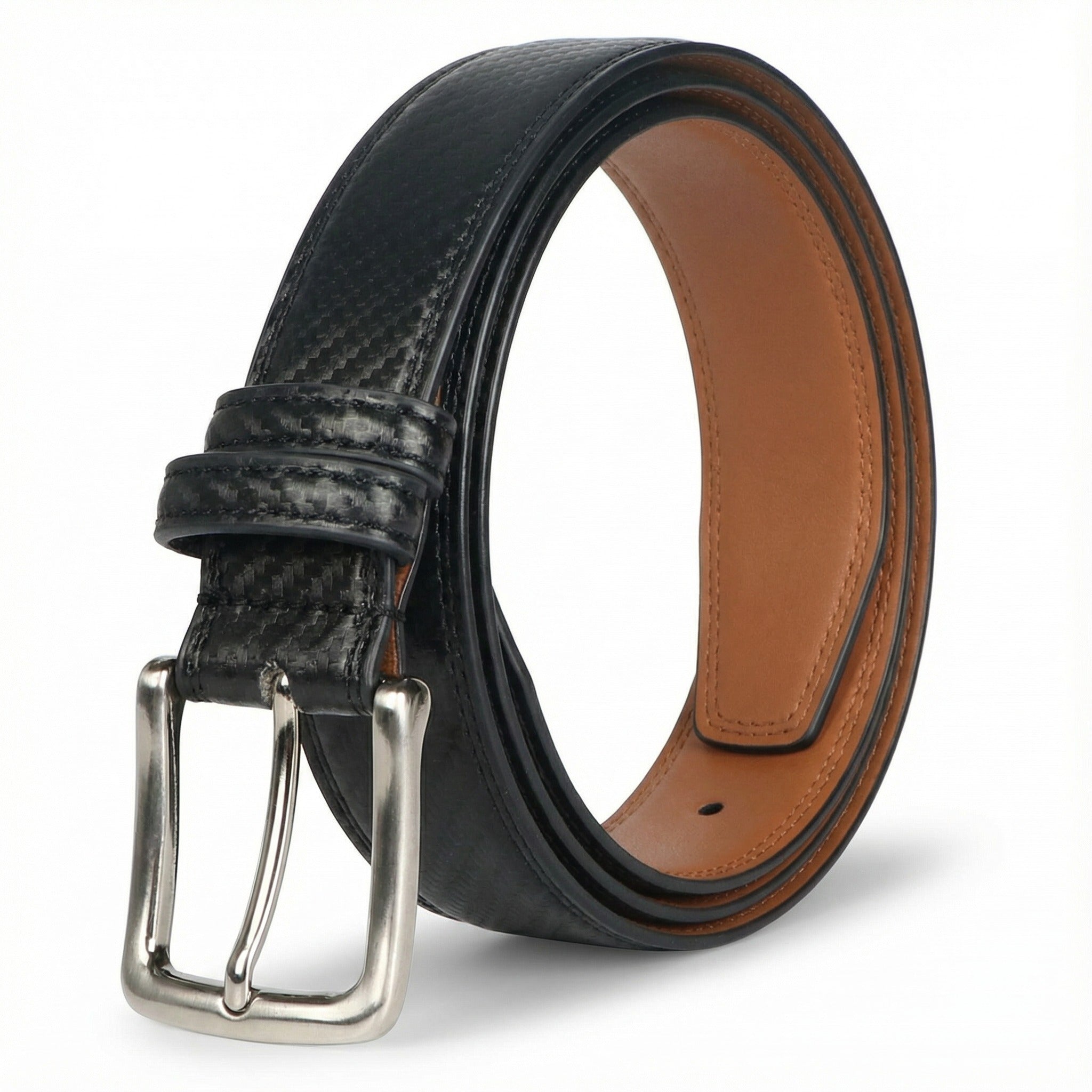 Black carbon fiber belt with a silver buckle from Meleche or Meléche (short as (Mé))
