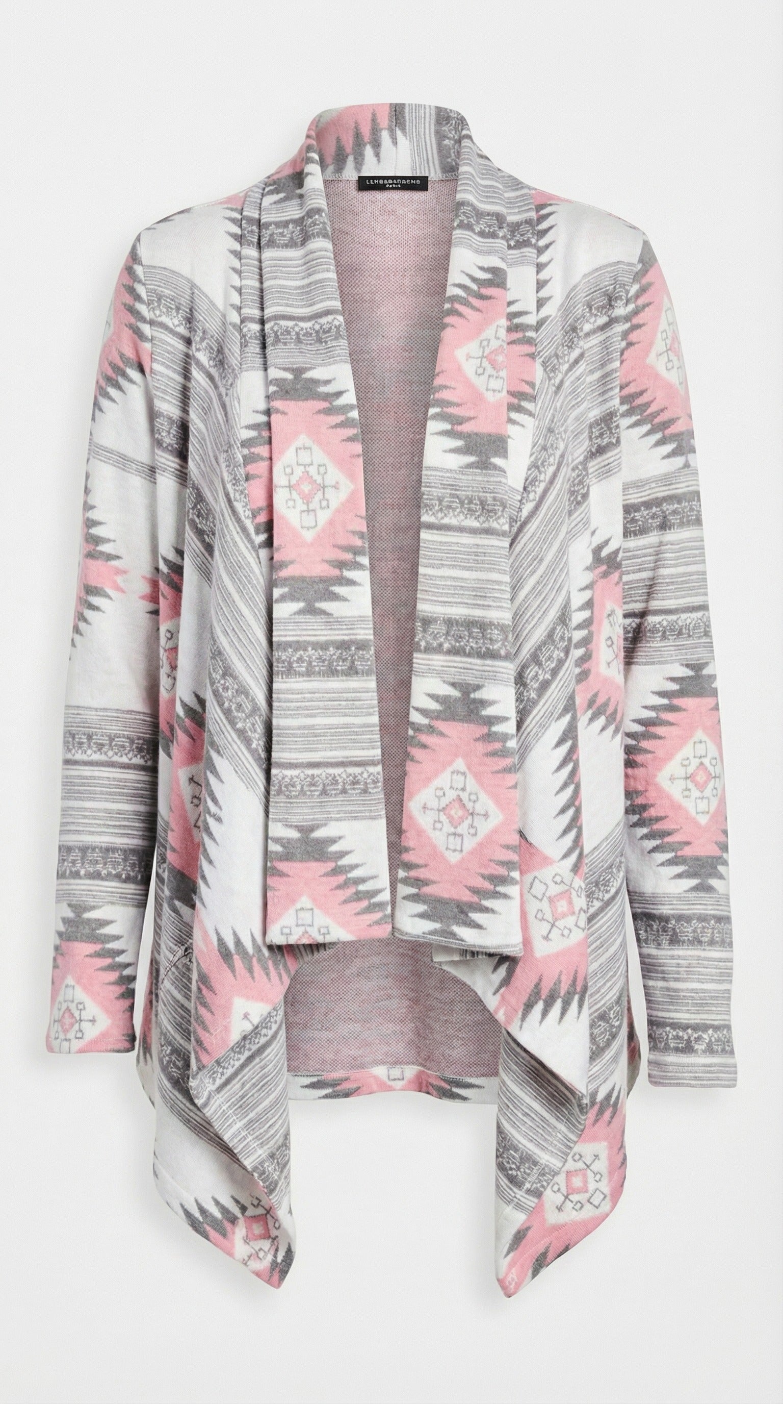 Patterned cardigan with pink and gray design on a white background from Meleche or Meléche (short as (Mé))