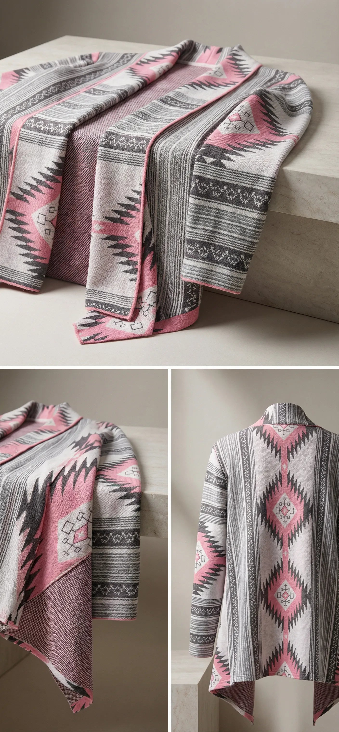 Size chart and model wearing a patterned cardigan with shoulder, bust, sleeve length, and total length measurements from Meleche or Meléche (short as (Mé))